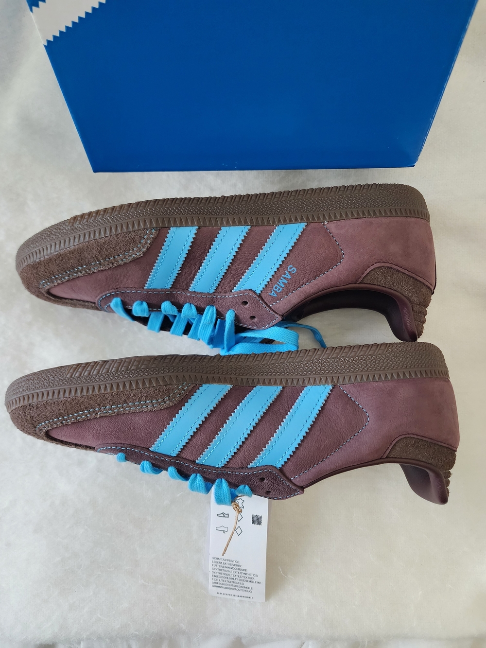 adidas Brown Suede Sneakers with Bright Blue Stripes and Laces - Picture 9 of 11